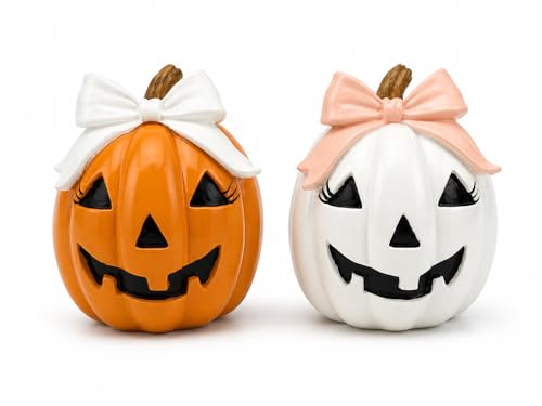 GoGnome Halloween Decor Spooky Cute Fall Pumpkin with Bow Tabletop for Shelf Mantel Tiered Tray Home Office Party Decorations (Orange & White)