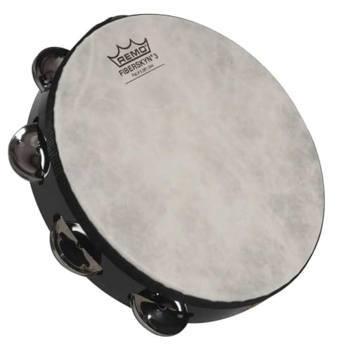 Remo Pretuned Fiberskyn Tambourine, 8 in, Single Row Jingles, Black Finish, Plain Head for Classroom...
