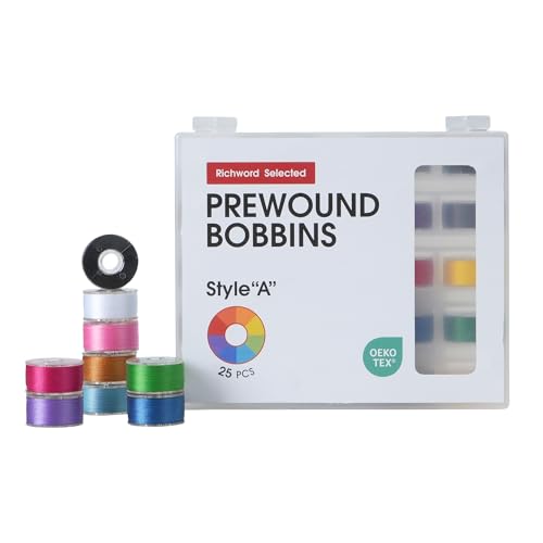 Image of Poolin Prewound Bobbins Richword Selected 25PCS Colors Size A, Plastic Sided, 70D /2(60WT) Polyester Bobbin Thread for Single Needle Embroidery and Sewing Machine