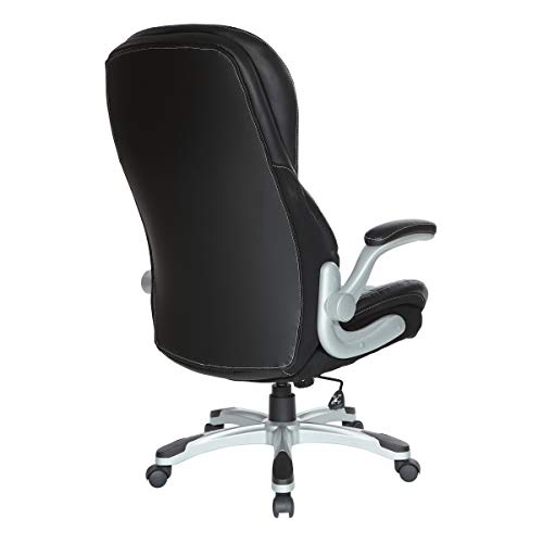 Office Star Ech Series Deluxe Executive High Back Bonded Leather Chair With Built-In Lumbar Support And Padded Flip Arms, Black With Silver Nylon Base #TOP3
