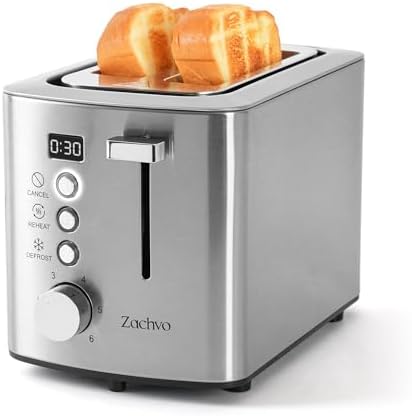 ZACHVO 2 Slice Toaster with Wide Slots for Bread & Bagels, Stainless Steel Toaster with Digital Countdown, 6 Shade Settings, Defrost, Reheat & Cancel, Compact Design for Kitchen