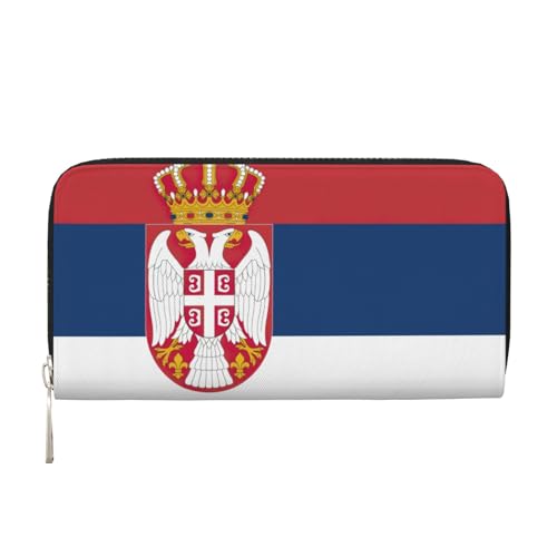 Flag of Serbia print Leather Wallet for Women Men,Women's Leather Clutch Wallet with Zip,Large Capacity
