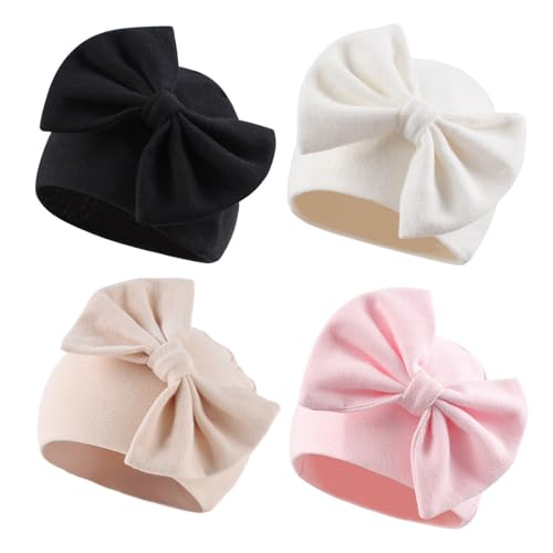 Image of Bamery Newborn Baby Girl Hat Cotton Baby Bow Beanie Preemie Hats Spring Infant Hats for Girls 0-12 Months