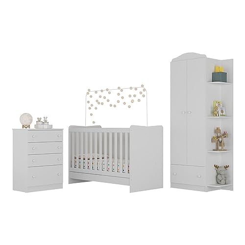 Quarto Infantil Completo João e Maria com berço 4 em 1 + colchão Multimóveis + Roupeiro e cômoda Bra