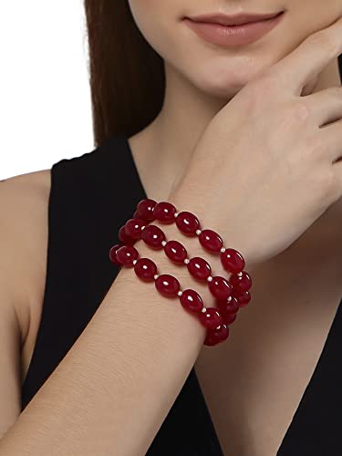 Image of Karatcart Glossy Finish Tumble Stone Studded Beaded Bracelet for Women