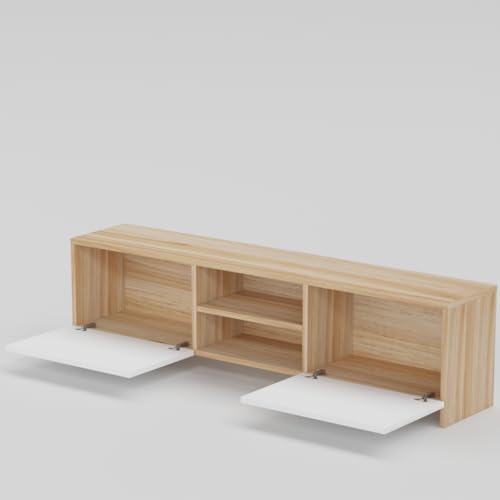 Image of Modern Living Room TV Stand with Open Display Compartment, Dual Side Storage Units, and Clean Contemporary Design for Home Decor | Assembly-DIY | Color-Asian Light & White