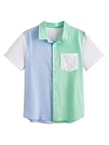 Picture of WDIRARA Men's Colorblock Button Down Short Sleeve Pocket Front Shirt Tops Green and Blue Small