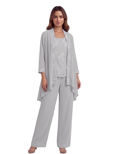 3-Piece Mother of The Bride Pant Suits Long Sleeve Chiffon Women Pantsuit Formal Wedding Guest Evening Outfit KV001 Silver