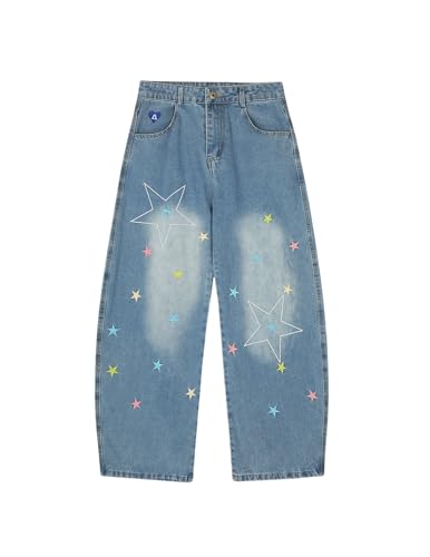 Aelfric Eden Stars Embroidery Baggy Barrel Jeans Wide Leg Y2K Denim Pants Straight Loose Jeans Streetwear Unisex