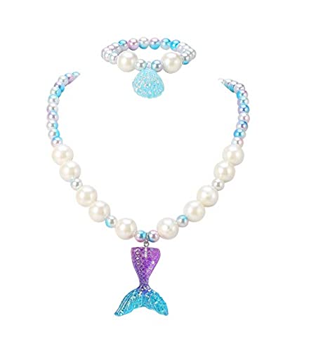 El Regalo 2 PCs Girls Kids Mermaid Princess Necklace & Bracelet Set with Colorful Mermaid Shiny Beads Bow Kids Stretchy Costume Jewelry Gift Party Favors Dress up Jewelry for Girls