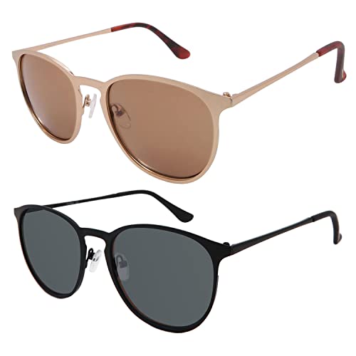 FaceWear Classic Round Retro Sunglasses UV400 Circle Lens Metal Frame Men Women FW10062 Pairs(c2 Gold + C7 Black)
