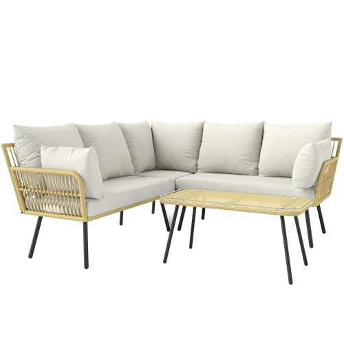 Outsunny Salon de Jardin extérieur d'angle Ensemble de Jardin 5 Places avec Table Basse rectangulaire et Coussins, Design bohème, en résine tressée