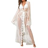 NewBull Women's See Through Lace Robe Sexy Sheer Maxi Kimono Mesh Satin Belted Chemise Babydoll Lingerie Nightgown Cover Up (US, Alpha, One Size, Regular, Regular, White)