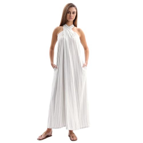 Image of Amazhiyu Women's Linen Striped Halter Sleeveless Maxi Dresses Summer with Pockets