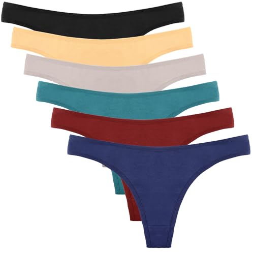 DRESHOW 6 Piezas Thong Tanga para Mujer Tiras de Algodón Transpirable para La Ropa Interior Negro Tanga de Rayas de Colores
