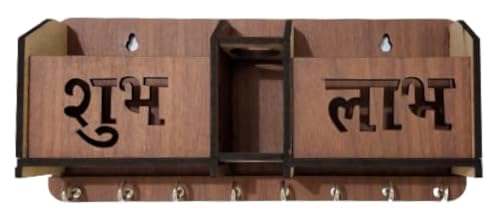 Image of Shubh Labh Key Holder Unique Designer 2 Pocket Pen and Mobile Stand Stainless Steel 8 Hooks Wooden Key Holder for Home, Key Stand for Wall, Key Organizer for Office, Hall Decoration