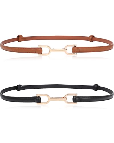 Kajeer Skinny Women Belt 2 Pack, Ladies Adjustable Thin Waist PU Leather Belts for Jeans Pants Dresses with Gold Buckle