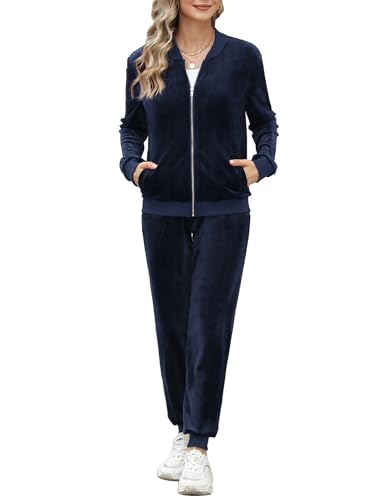 Irevial Zweiteiler Trainingsanzüge Damen Hausanzug Velours Warme Freizeitanzug Nicki Sportanzug für Frühling Herbst Winter Navy Blau L