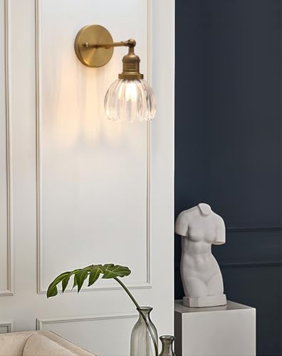 Image of Vintage Brass Wall Sconce, Adjustable Wall Light with Clear Ribbed Tulip Glass Shade, Hardwired E26 Wall Lamp, Industrial Antique Wall Lighting Fixture for Bathroom Vanity Bedroom Hallway Kitchen