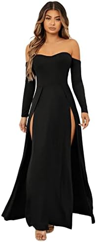 SweatyRocks Women's Elegant Off Shoulder Double High Slit Long Sleeve Dress A Line Maxi Dresses