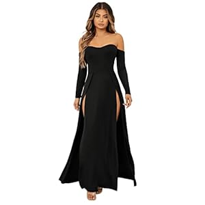 SweatyRocks Women’s Elegant Off Shoulder Double High Slit Long Sleeve Dress A Line Maxi Dresses