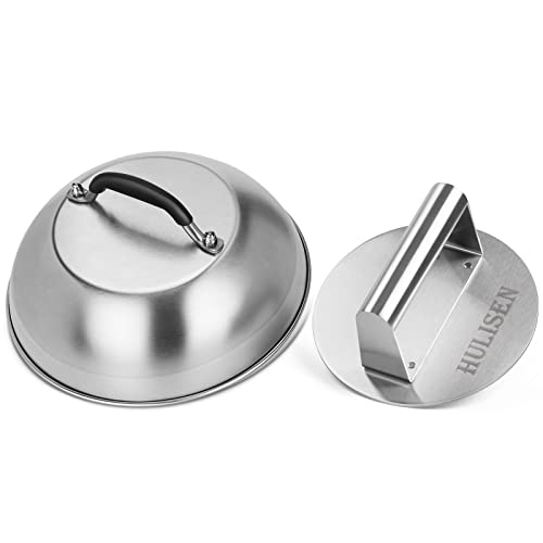 HULISEN Cheese Melting Dome & Smashed Burger Press, 9 Inch Heavy Duty Round Basting Cover with Stainless Steel Burger Smasher, Griddle Accessories Kit for Flat Top Grill Cooking Indoor/Outdoor