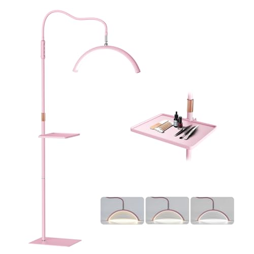 Mznoo Lash Light for Eyelash Tech with Tray, Half Moon Light for Lashes and Estheticians, LED Floor Lash Lamp for Eyelash Extensions, Nail Art, Tattoo Art and Skincare (Pink)