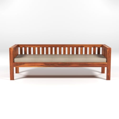 Image of Solid Wood Sheesham 3 Seater Low Height Sofa | Three Seater Sofa for Living Room, Home, Office Furniture with Beige Cushion - Honey Finish