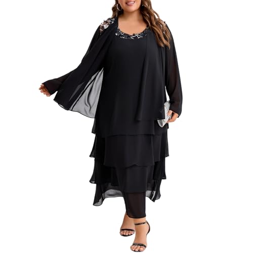 Plus Size Chiffon Mother of The Bride Layered Dress with Jacket 2 Piece Set Decal Designs Formal Wedding Guest Attire Black