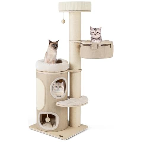 PETSITE 61 inch Cat Tree Tower, Multi-Level Cat Tower with Sisal Scratching Posts & Board, 2-Tier Cat Condo, 2 Cat Perches, Cat Basket, and Interactive Sisal Ball, Wooden Cat Tree for Indoor Cats Cover