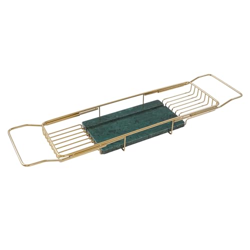 Expandable Bathtub Tray Caddy for Luxury Bath, Extra Wide Acrylic Tub Tray with Natural Marble Board, Waterproof Bath Tub Shelf for Phone, Wine, Book, Tablet Stand - Ideal Home Spa (Gold, Green)