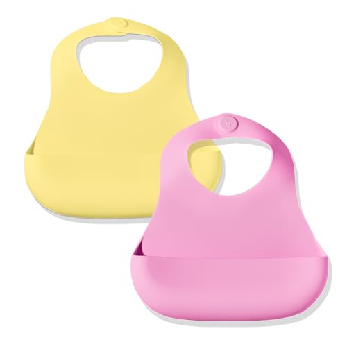 Magnetic Silicone Bibs 2-Pack Waterproof, Dishwasher Safe, BPA Free Food-Grade, Baby Feeding Bib
