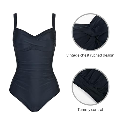 loginsummer Badeanzug Damen Bauchweg Einteilige Quadratischer Ausschnitt Push Up Bademode Vintage Rüschen Schlankheits Badeanzüge Große Größe EIN Stück Monokinis（Schwarz,EU46）