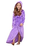 Jxstar Girls Long Robe Full Length Bathrobes Kids Hooded Plush Purple Fleece Sleepwear,Size 10 11