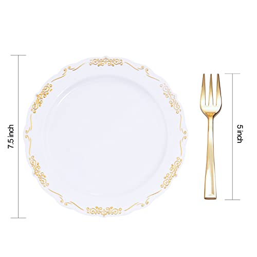 LIYH 200 Pcs Gold Dessert Plates,100 Appetizer Plates 7.5" and 100 Gold Plastic Forks 5", Cake Plates, Disposable Salad Plate Wedding Cake Plate Forks for Parties, Birthdays, Wedding by LIYH Love in your heart - Image 2