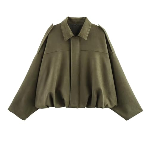 JoinQueen Faux Suede Jacket Women Oversized Long Sleeve Zip Up Epaulet Bomber Leather Jackets Oversized Casual Coat(Army-Green,M)