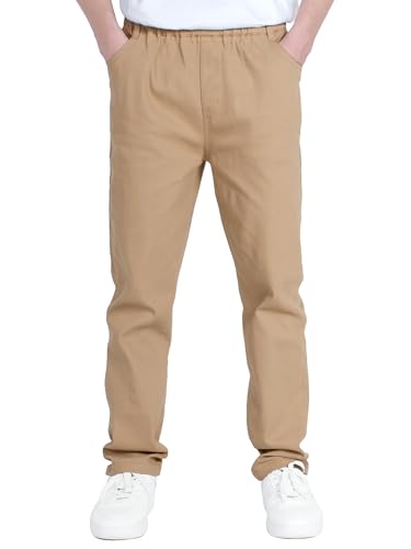 CAMLAKEE Jungen Chino Hose Kinder Jungs Straight Fit Chinohose mit Elastischem Bund L Khaki DE: 140-146 (Herstellergröße 140)