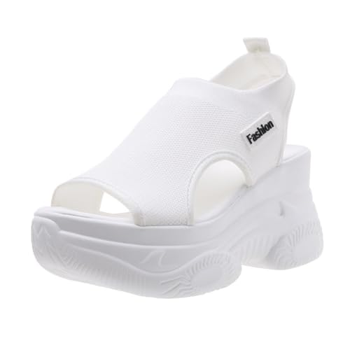 Women's Fashionable Solid Color Platform Sandals, Casual Comfortable Wedge for Summer, Female All-match Round Toe Sandals for Daily Wear, Walking Shoes, Comfy Casual Shoes for Women Beach (White,6)