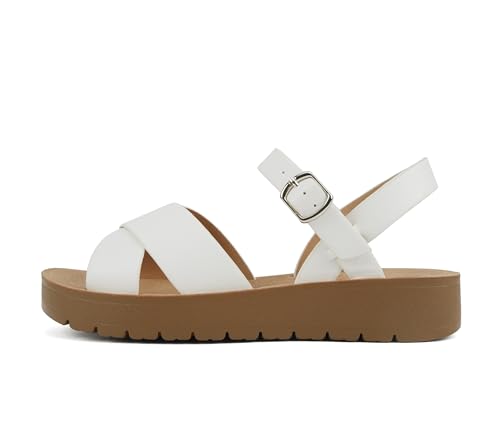 Image of Soda CHESTER ~ Women Flat Sandals Flatform Ankle Buckle Criss Cross Band Straps Sandals Shoes (Gold Raffia, 5.5)