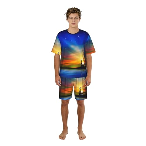Pyjama court homme imprimé phare | Ensemble d'été col rond avec poches