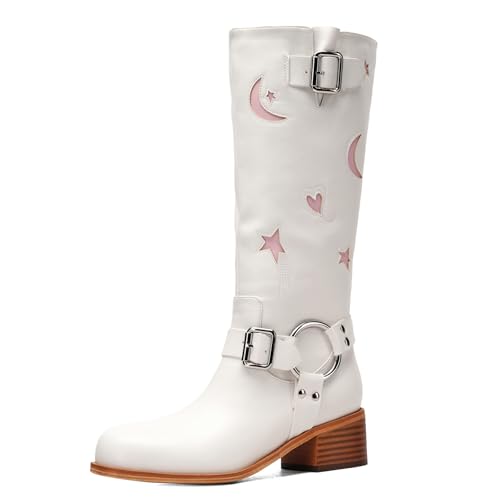 Riding Boots for Women Knee High with Buckle Stars Moon Heart Patterns Low Heel
