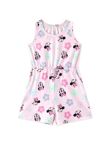 Disney Minnie Mouse Romper Floral Print Sleeveless Girls Jumpsuit With Pocket One Piece Summer Outfit Toddlers & Kids Elastic Waist Clothes Pink 2T