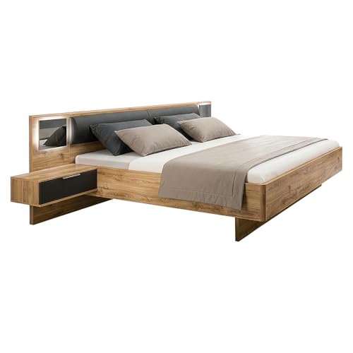 Lomadox Schlafzimmer Doppelbett mit 180x200 cm Liegefläche in Eiche und Graphit, inkl. Kopfteilpolster & beleuchtetem Glaspaneel