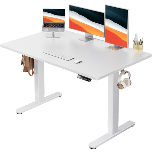 HUANUO Electric Standing Desk, 48″ x 30″ Whole Piece Desktop, Adjustable Height Computer Desk, 4 Height Memory Settings, Sit Stand Up Desk for Home Office, White
