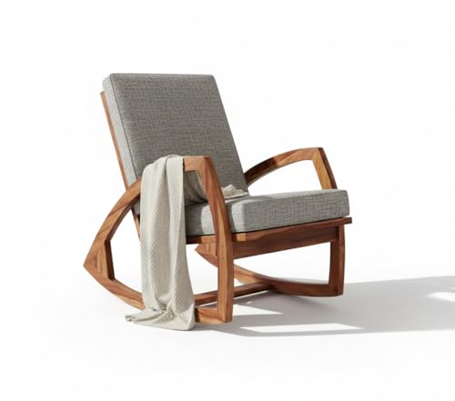 Image of Solid Sheesham Wood Rocking Chair for Living Room - Upholstered Relaxing Chair - Wooden Rocking Chair for Adults for Home Outdoor Indoor (Honey, Kyrie)