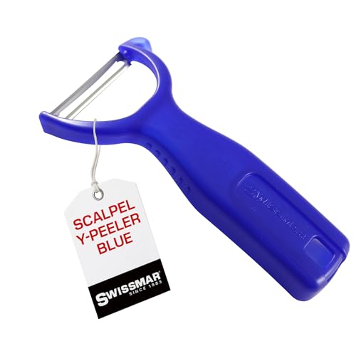 Swissmar Y Peeler with Stainless Steel Scalpel Blade - Perfect for Potato, Vegetable, Fruit, Carrot, Apple, Mango Peeler for Kitchen - Plastic Blade Protector Included - Blue