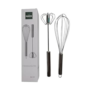 12” Egg Whisk Combo – Stainless Steel Manual Balloon whisk and Semi-Automatic Whisk, Egg Beater, Hand Push Rotary – Mixing, Frothier, Stirring baking/beating eggs, Durable, Easy-Grip/Heat-Resistant.