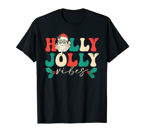 Holly Xmas Jolly Vibes Groovy Retro Hippie Christmas Pajamas T-Shirt