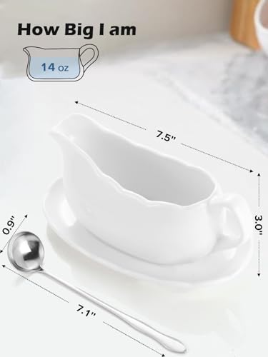 LoeJan 17OZ Gravy Boat with Spoon, Ceramic Sauce Serving Dish, Easy-Pour Big Dripless Lip Spout Serveware Set for Salad Cream Milk Broth Black Pumpkin Thanksgiving - Thumbnail 2