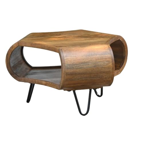 FineBuy Table Basse Bois de manguier Massif 60cm Forme Organique - Table de Salon Design avec Rangement - Table de canapé avec Pieds en métal - Table d'appoint avec étagère Bois Industriel Fait Main